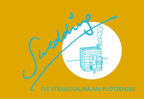 Logo der Swedding Sauna, ein Mensch geht in eine Holzsauna am Strand