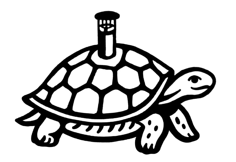 Schildkröte in Schwarz-Weiß mit Ofenrohr, das aus dem Panzer schaut. 